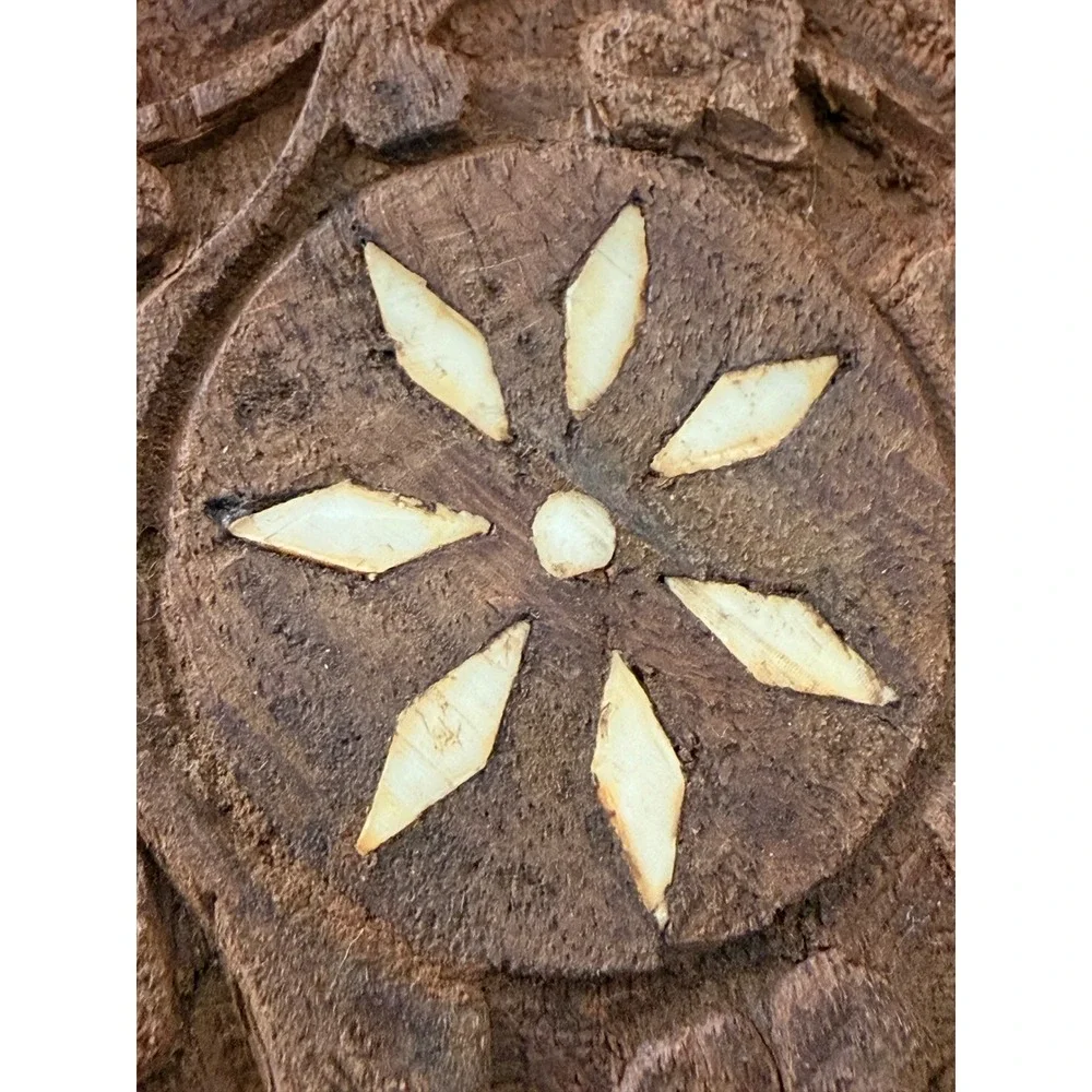 Vintage Busch Gardens Hand-Carved Bone Inlay Wood Coaster Set - 6 Floral